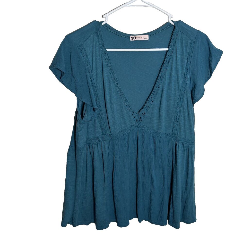 So Blouse Women's Large V-Neck Short Sleeve Blue Casual Lace Boho Casual Top